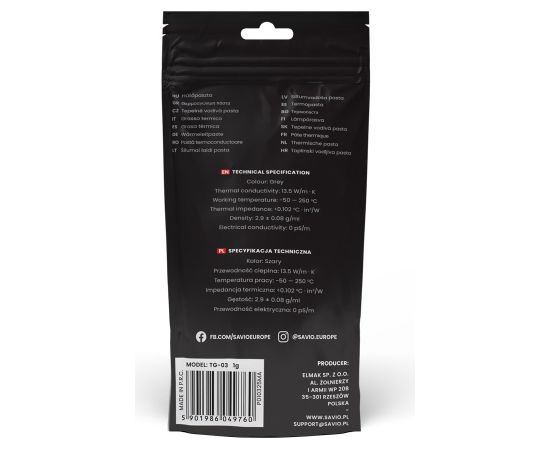 Savio TG-03 1G heat sink compound Thermal paste 13.5 W/m·K