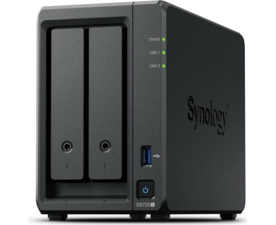 NAS Synology DS725+, Tower, 2x 2.5"/3.5" SATA + 2x M.2 2280 NVMe SSD; AMD Ryzen R1600; 4GB DDR4 (max.32GB), 1x 1GbE RJ-45, 1x 2.5GbE RJ-45, 1x USB 3.2, adapter 65W
