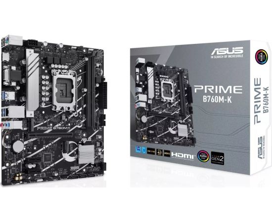 Mainboard|ASUS|Intel B760 Express|LGA1700|Micro-ATX|Memory DDR5|Memory slots 2|2xPCI-Express 4.0 1x|1xPCI-Express 4.0 16x|2xM.2|1x15pin D-sub|1xHDMI|2xUSB 2.0|4xUSB 3.2|1xPS/2|1xRJ45|3xAudio port|PRIMEB760M-K