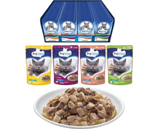 PREVITAL Cat Food Mix 4 Flavors Chicken, Veal, Salmon, Poultry – wet cat food – 96 x 100 g
