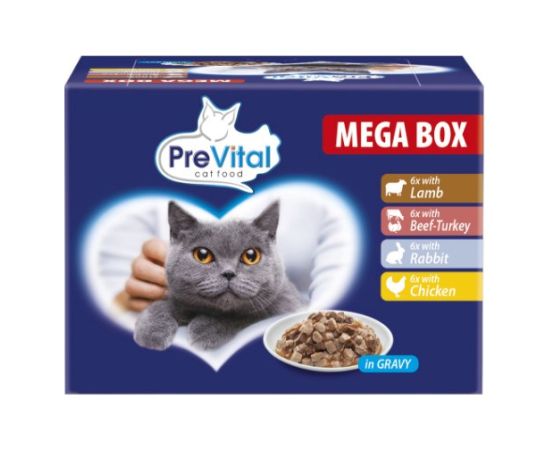 PREVITAL Cat Food Megabox with Lamb, Beef, Rabbit, and Chicken in Gravy - Wet Cat Food - 24 x 100g