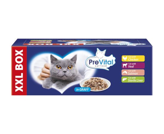 PREVITAL XXL BOX Flavor Mix with Chicken, Veal, Salmon, and Liver in Gravy - Wet Cat Food - 48 x 100g