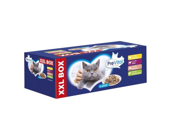 PREVITAL XXL BOX Flavor Mix with Chicken, Veal, Salmon, and Liver in Gravy - Wet Cat Food - 48 x 100g