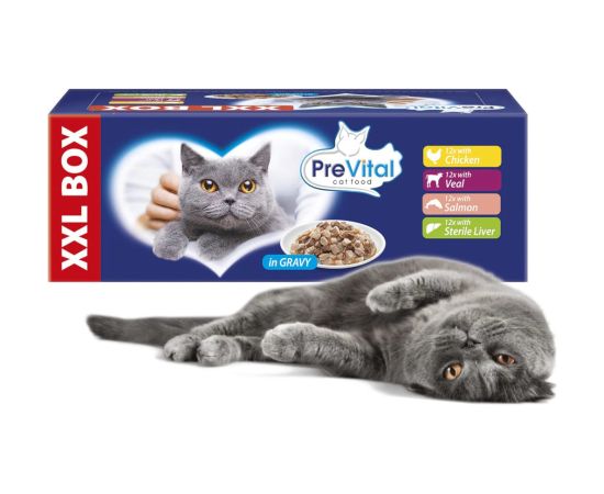 PREVITAL XXL BOX Flavor Mix with Chicken, Veal, Salmon, and Liver in Gravy - Wet Cat Food - 48 x 100g