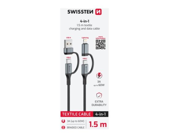 Swissten 4in1 Textile 3A Data Kabelis 1.5m