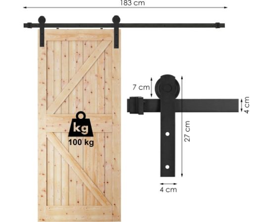 Bīdāmo durvju sistēma Springos HA5009, 183 cm, sliede līdz 100 kg, barn door, tērauds, melna