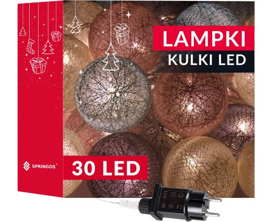 Kokvilnas bumbiņas 30 LED dekoratīvās gaismas, elektriskā virtene Springos CL0154 tirkīzzilā-rozā