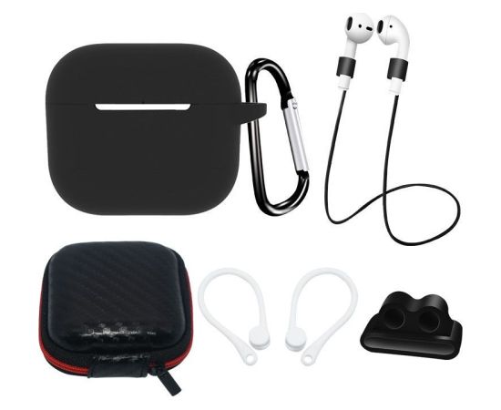 Hurtel -  AirPods 3 Silicone Case Set + Case/Ear Hook/Neck Strap/Watch Strap Holder/Carabiner Clasp - black