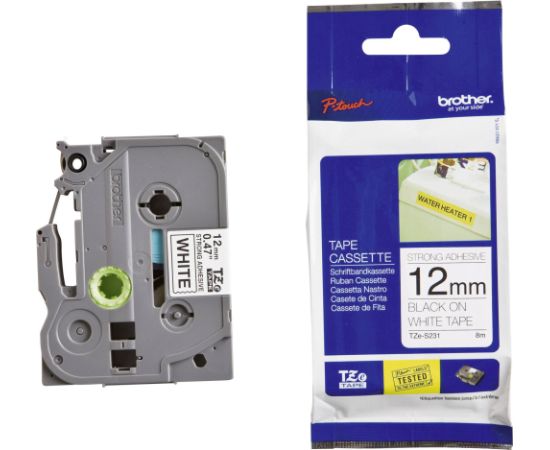 Lenta BROTHER TZE-S231, 12 mm x 8 m, melni burti uz balta fona