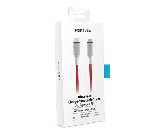 OEM Forever Core Utra Fast MFI PD kabelis USB-C - Lightning 1,5 m 2,4A sarkans
