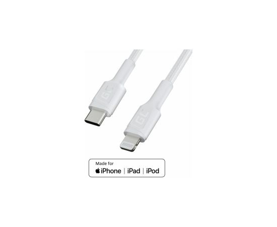 Kabelis Green Cell Lightning Male – USB Type-C Male 1m MFi Fast Charging White