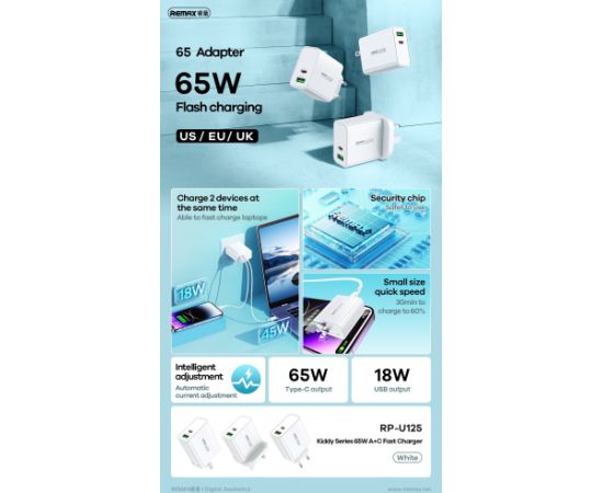 Charger Remax RP-U125 65W GaN USB-C/USB-A white