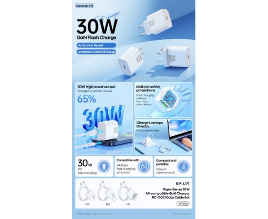 Charger Remax RP-U71 30W GaN USB-C + USB-C to USB-C cable 1.0m white