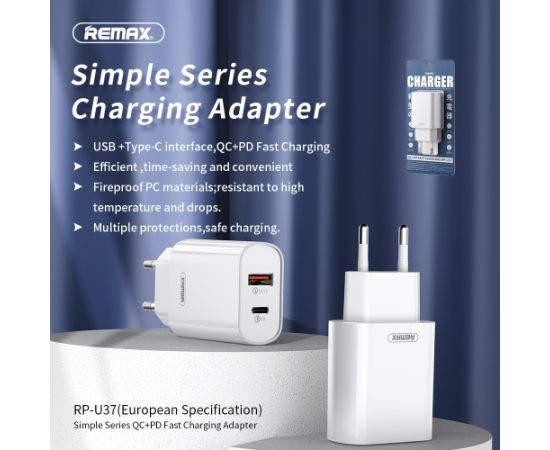 Charger Remax RP-U37 20W USB-C/USB-A white