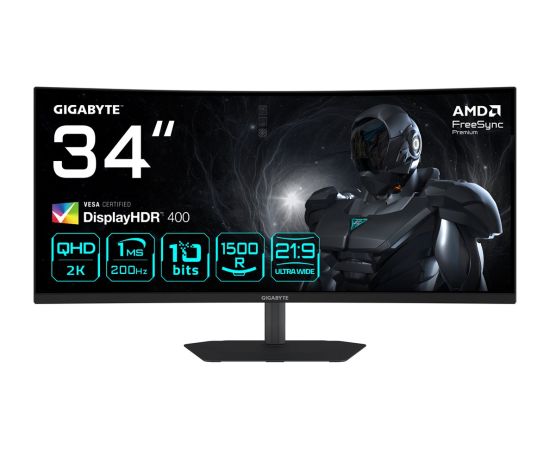 GIGABYTE G34WQC2 34” WQHD Curved Gaming Monitor - 3440 x 1440, 1500R, 200Hz, 1ms, 450 cd/m2, AMD FreeSync Premium, DisplayHDR 400, HDMI 2.0, Displayport 1.4