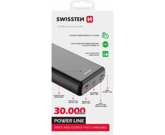Swissten Line Power Banka Ārējās Uzlādes Baterija 2xUSB / USB-C / Micro USB / Lightning / 20W / 30000 mAh