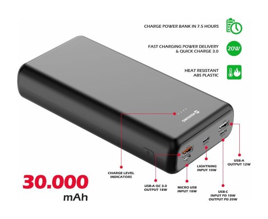 Swissten Line Power Banka Ārējās Uzlādes Baterija 2xUSB / USB-C / Micro USB / Lightning / 20W / 30000 mAh