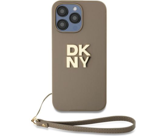 DKNY Apple  DKNY PU Leather Stack Logo Wrist Strap Case for iPhone 15 Pro Beige