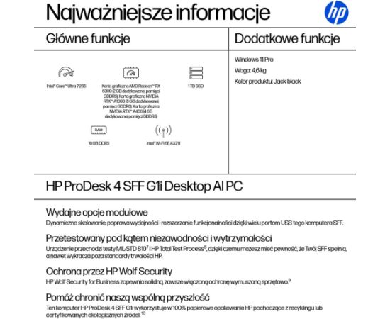 HP ProDesk 4 SFF G1i Desktop AI PC Intel Core Ultra 7 265 16 GB DDR5-SDRAM 1 TB SSD Windows 11 Pro Black Персональные компьютеры