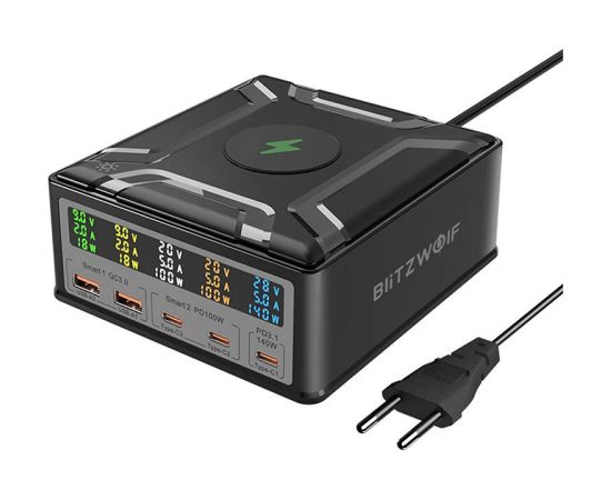 Blitzwolf BW-S28 260W, 2xUSB-A, 3xUSB-C, 15W wireless charger (black) Jaunumi - Datori