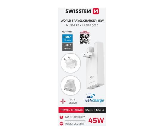 Swissten Travel Charger GaN USB-C / USB 3арядное устройство 45W (US/EU/UK)