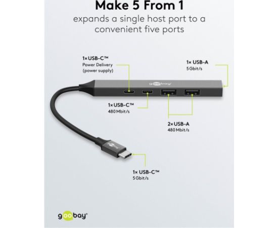 Goobay Slim 5-Port USB Hub, USB-C to USB-C/USB-A, 5 Gbit/s 74460