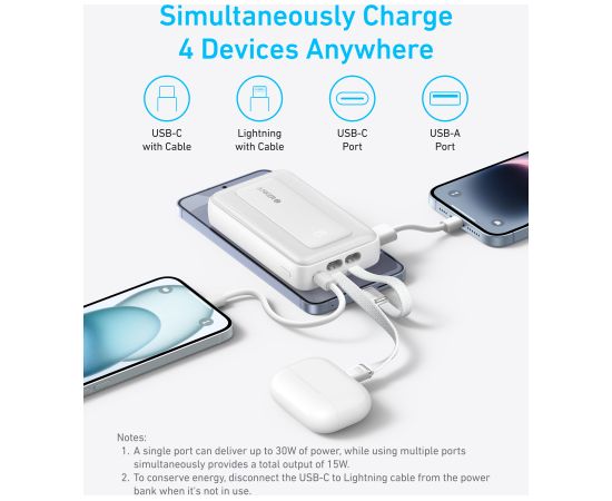 Anker Power Bank A1680H21 10000 mAh USB-C 30W, Lightning 27W Built-In USB-C and Lightning Cables White