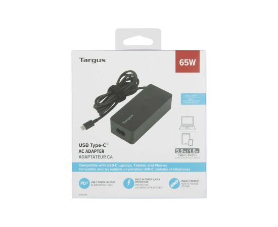 Targus 65 W USB-C PD Charger - For Laptops or Power Pass-Thru Docks