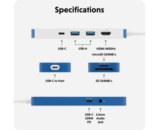 Hyper HyperDrive Flex 8 Port USB-C Hub, White/Blue HD4102BUGL HDMI ports quantity 1