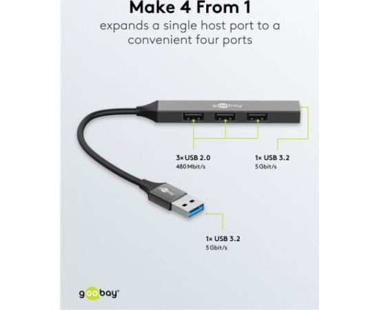Goobay Slim 4-Port USB Hub, USB-A to USB-A, 5 Gbit/s 74456