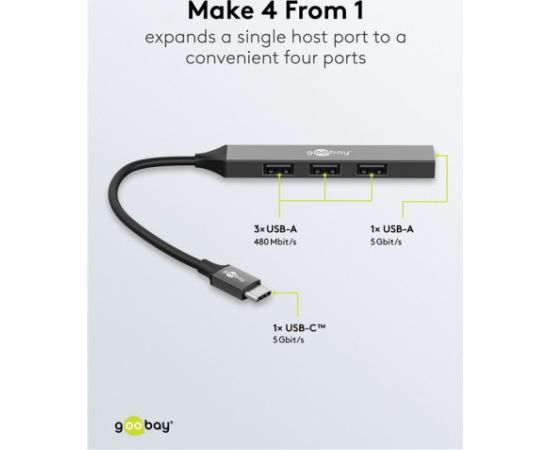 Goobay Slim 4-Port USB Hub, USB-C to USB-A, 5 Gbit/s 74457