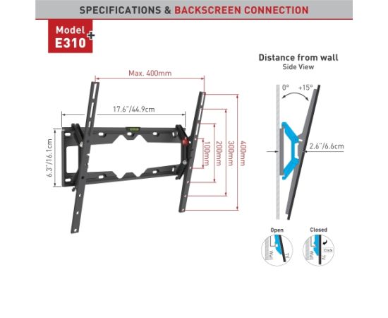 Barkan E310+.B 29"-65" lenktam TV, pakreipiamas, sieninis, juodas