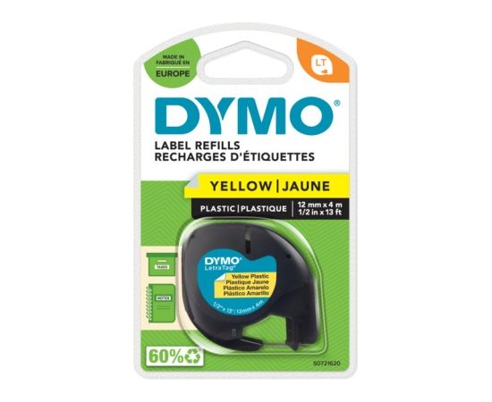 Dymo (S0721620) LetraTag Plastic Label Tape, 12mm x 4m, Black on Yellow