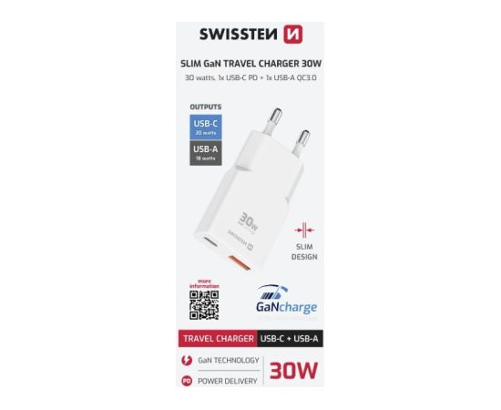 Swissten Slim Travel GaN USB-C / USB Tīkla Lādētājs 30W