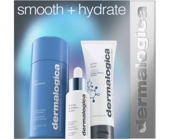 Smooth + Hydrate Set Dermalogica: Daily Milkfoliant, Exfoliating, Exfoliating Powder, 74 g + Active Moist, Prebiotics, Hydrating, Cream, For Face, 50 ml + Circular Hydration, Hyaluronic Acid, Serum, For Face, 30 ml For Women