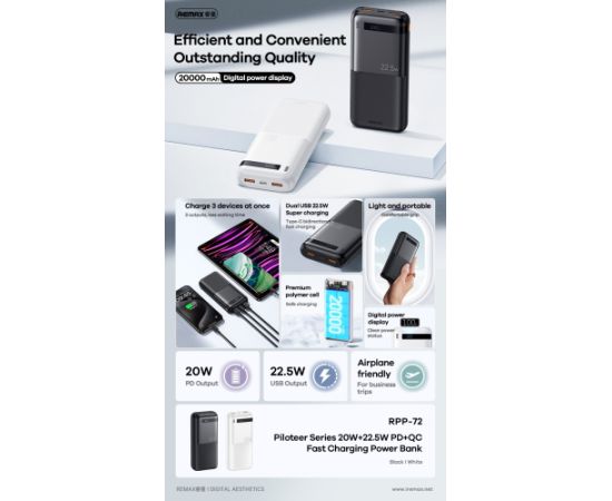 External battery Power Bank Remax RPP-72 22.5W 20000mAh black