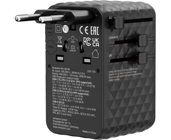 Verbatim Ceļojumu Adapteris EU / UK / US / 2x USB-A / 3x USB-C 70W