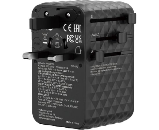 Verbatim Ceļojumu Adapteris EU / UK / US / 2x USB-A / 3x USB-C 70W