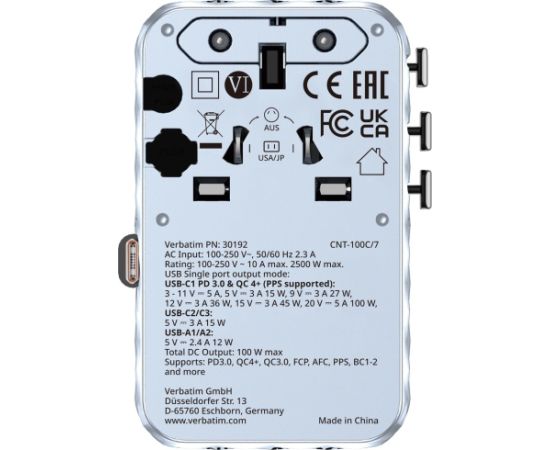 Verbatim Ceļojumu Adapteris EU / UK / US / 2x USB-C / 2x USB-A / USB-C 100W