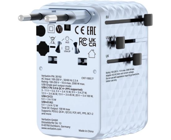 Verbatim Ceļojumu Adapteris EU / UK / US / 2x USB-C / 2x USB-A / USB-C 100W