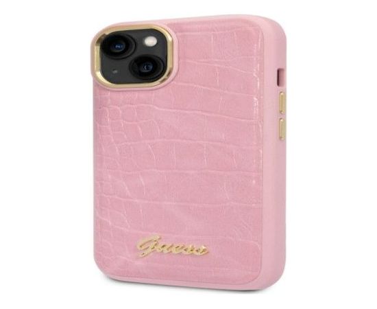 Guess Apple  iPhone 14 PU Croco with Metal Camera Outline Case Pink