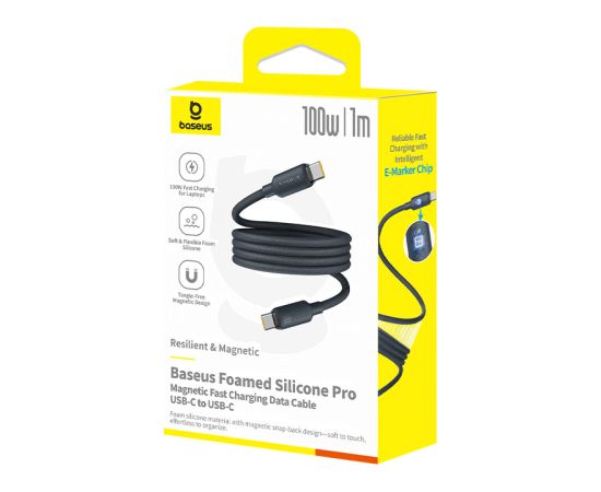 Kabelis USB C kontaktdakša - USB C kontaktdakša, 1m 100W magnētiskais putu silikons, melns BASEUS