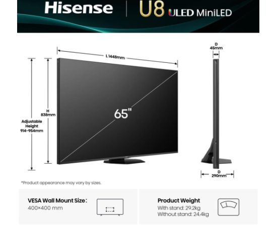 Hisense 65U8Q 165.1 cm (65") 4K Ultra HD Smart TV Wi-Fi Black, Grey Телевизоры