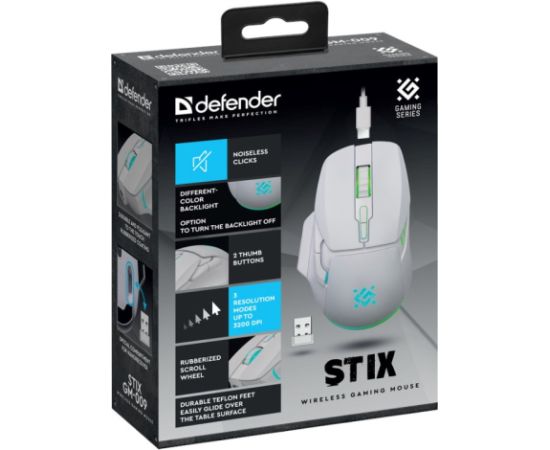 WIRELESS MOUSE DEFENDER STIX GM-009 RF WHITE 3200dpi 7P