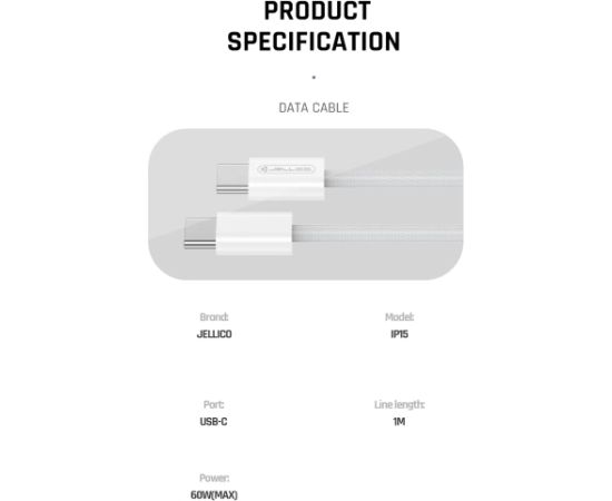JBL Jellico IP15 Pīta auduma iPhone 15 / 16 USB-C uz USB-C Datu & Ātrās PD 60W uzlādes kabelis 1m Balts Data USB kabeļi