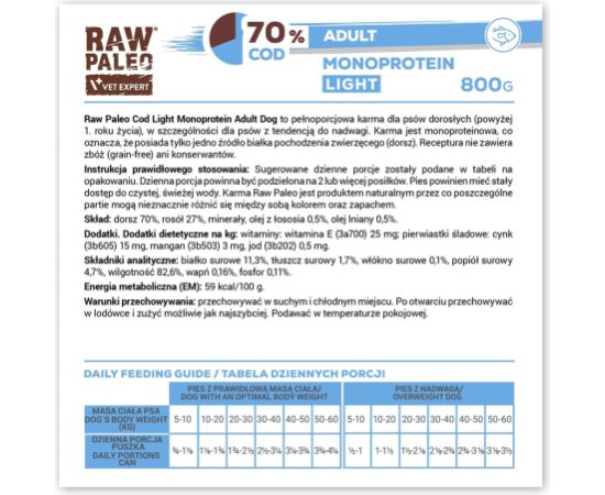 VetExpert Raw Paleo Dorsz/Cod Light Adult Can 800g