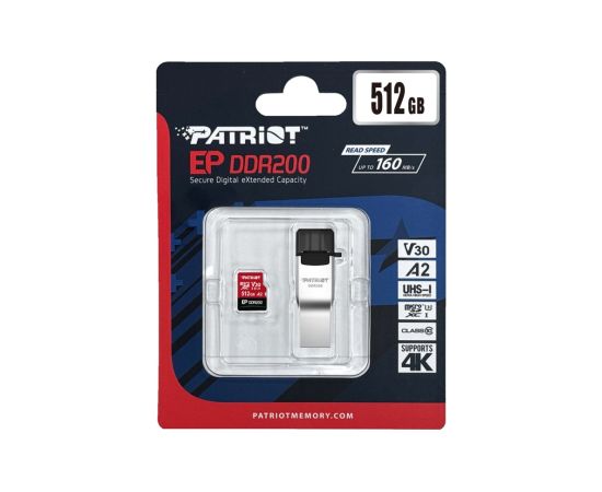 Patriot EP DDR200 Micro SDXC 512GB 160/120 MB/s U3 Atmiņas kartes micro SD SDHC