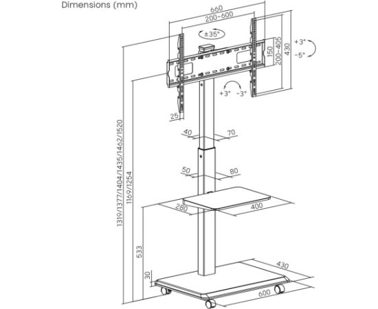 Ergo Office Stand / cart for TV Ergo-Office, max. load 50kg / 5kg shelf, max. VESA 600x400, built-in power strip, black, ER-304 B Крепления для телевизоров