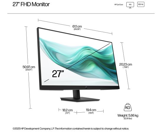 HP 327ph Series 3 Pro FHD Monitor - 27" 1920x1080 FHD 250-nit 100Hz AG, IPS, HDMI VGA DisplayPort, speakers, height adjustable tilt, 3 years (replaces P27h G5)   B0CG8UT#ABB