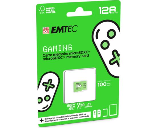 Emtec mSD 128GB UHSI U3 V30 A1 Gaming Green Atmiņas kartes micro SD SDHC